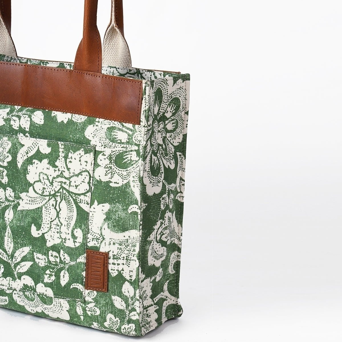 Green Dominoterie print cotton and leather tote bag, large tote, shoulder bag