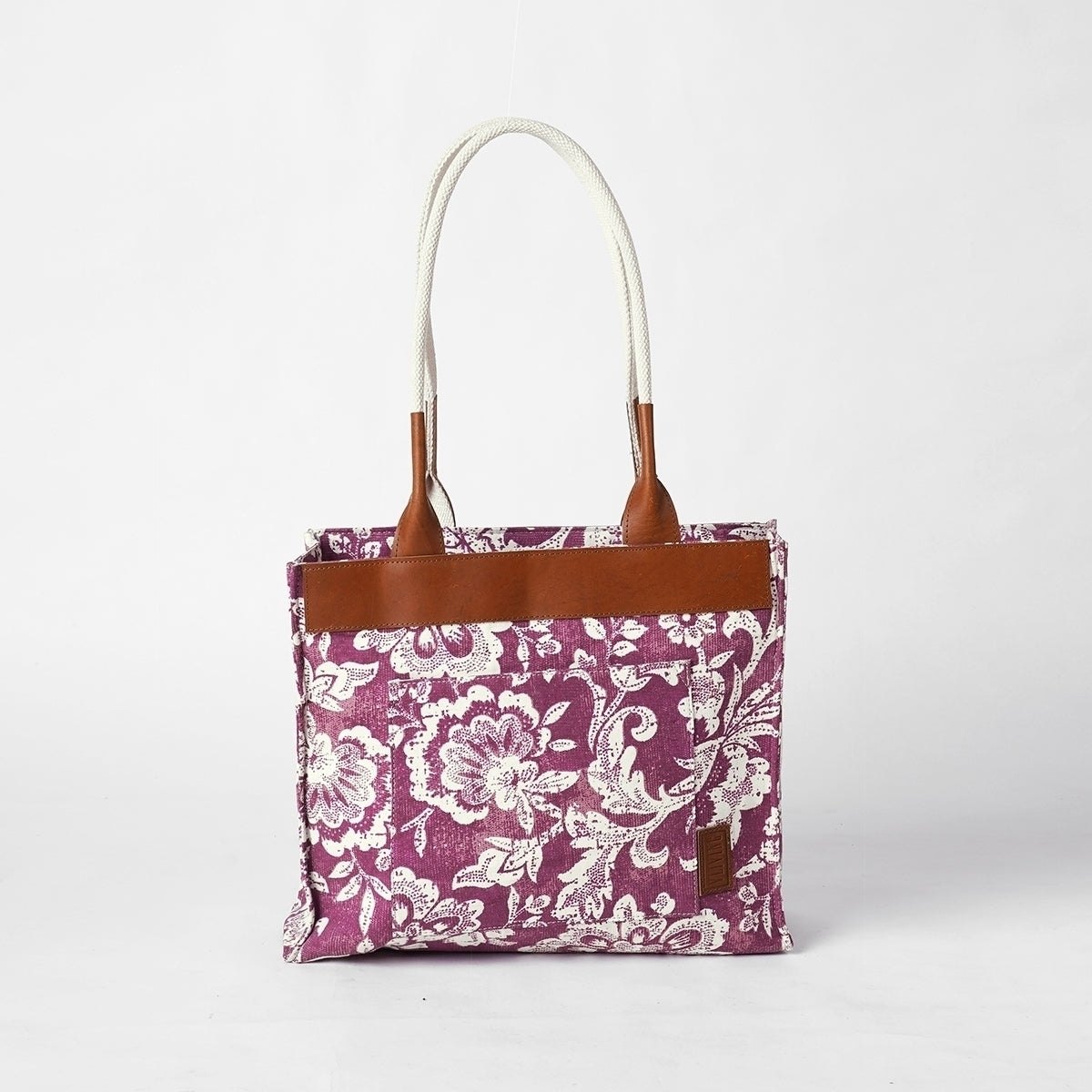 Plum Dominoterie print cotton duck and leather tote bag, large tote, shoulder bag.