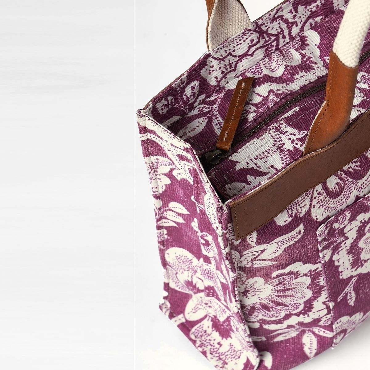 Plum Dominoterie print cotton duck and leather tote bag, large tote, shoulder bag.