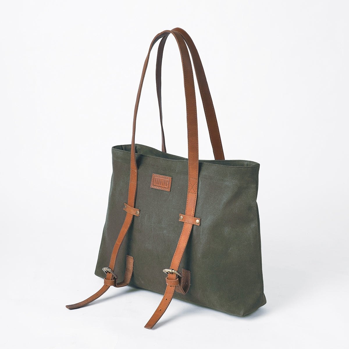 Olive Green waxed canvas yoga bag, gym bag, leather adjustable straps, 16X13X4 inches