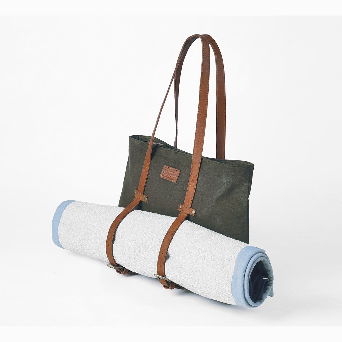 Olive Green waxed canvas yoga bag, gym bag, leather adjustable straps, 16X13X4 inches