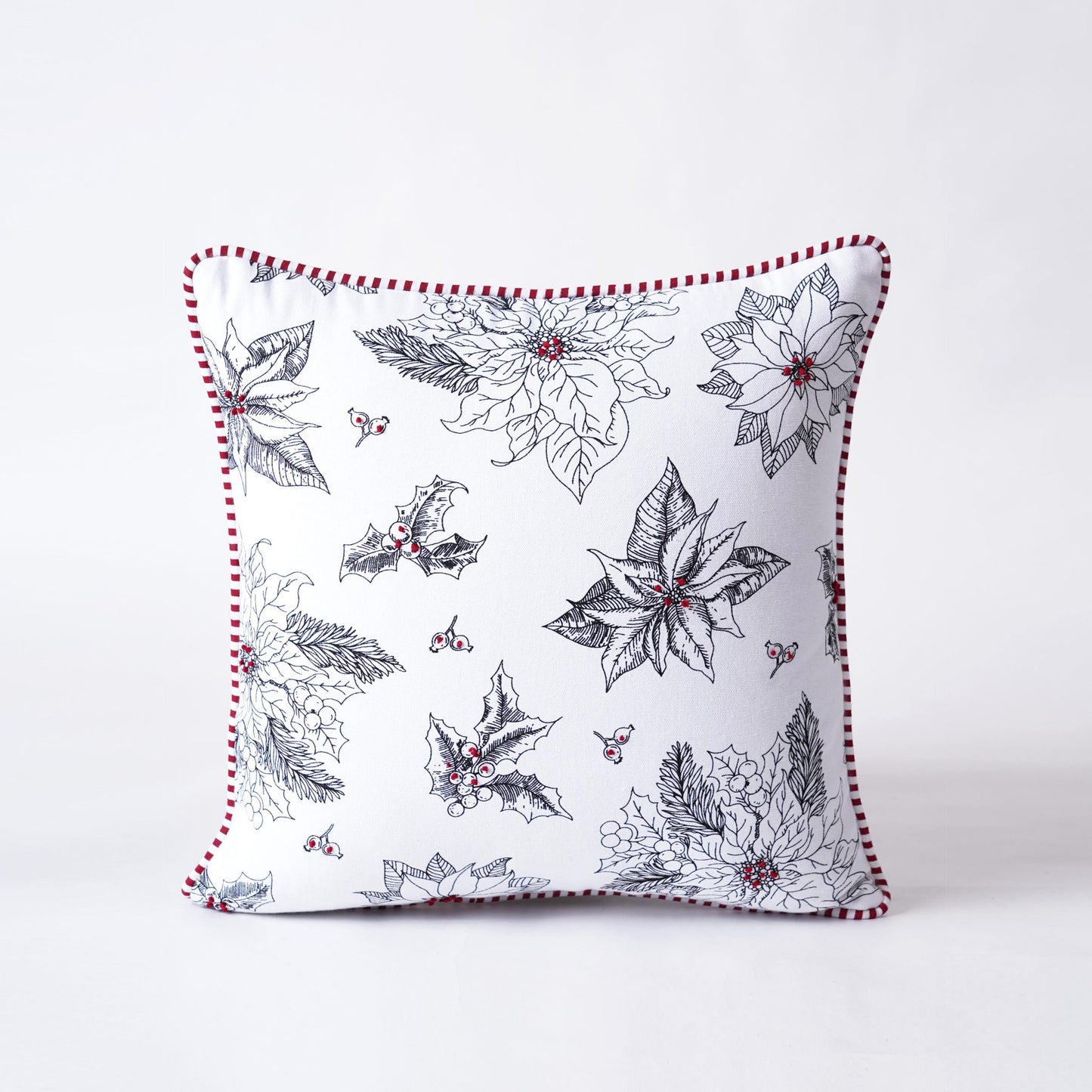 Christmas pillow cover, Poinsettia pattern, black and white, standard size 16X16 inches, other sizes available