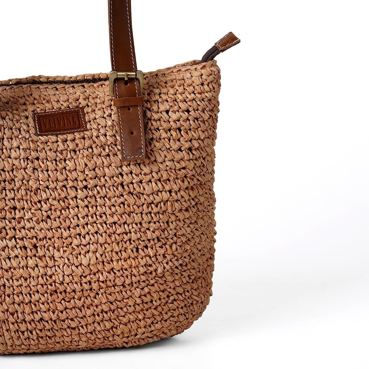 Natural colour Rafia Tote bag with real tan leather handle