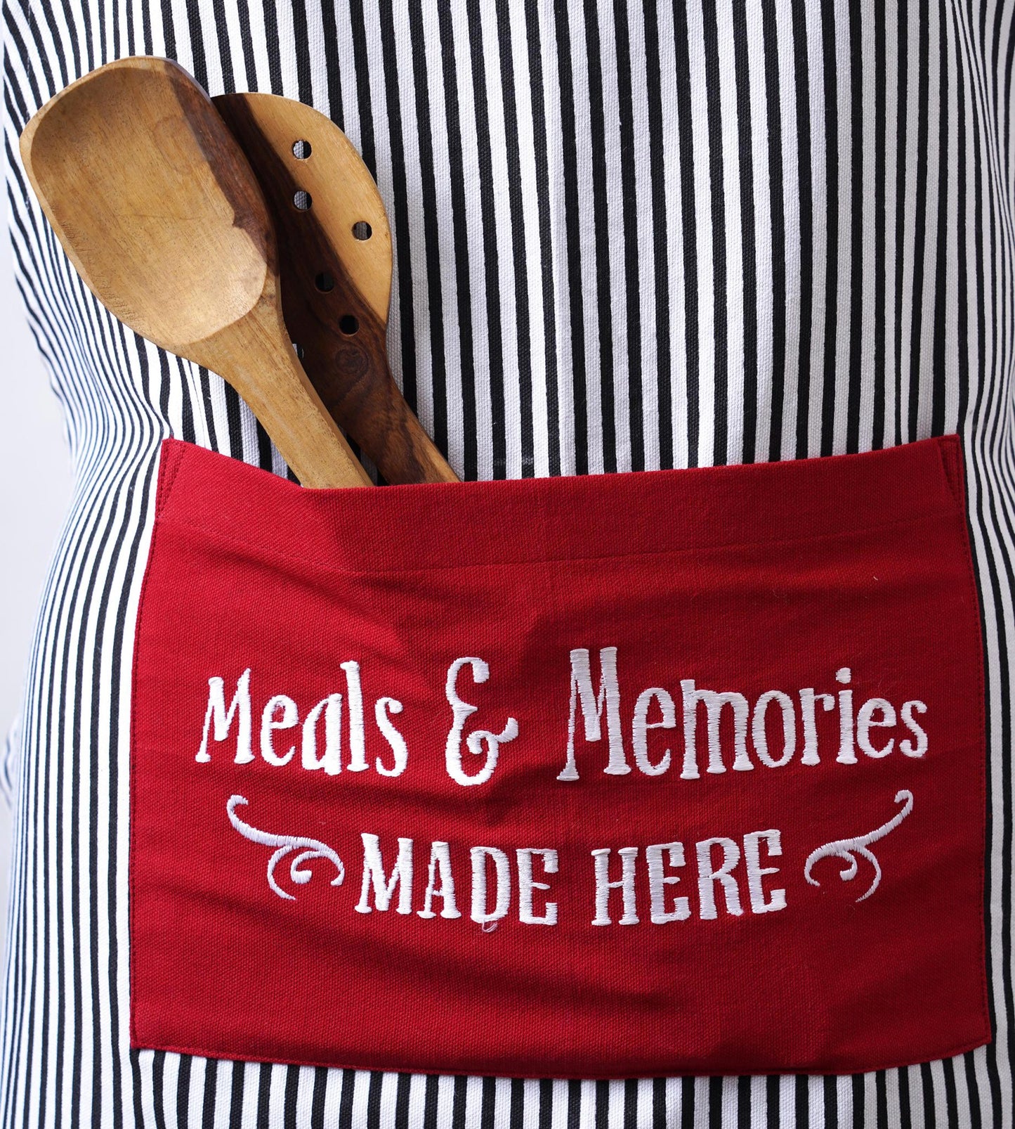 Christmas apron, Black and white stripe with embroidery, kitchen accessory, size 27"X 35"