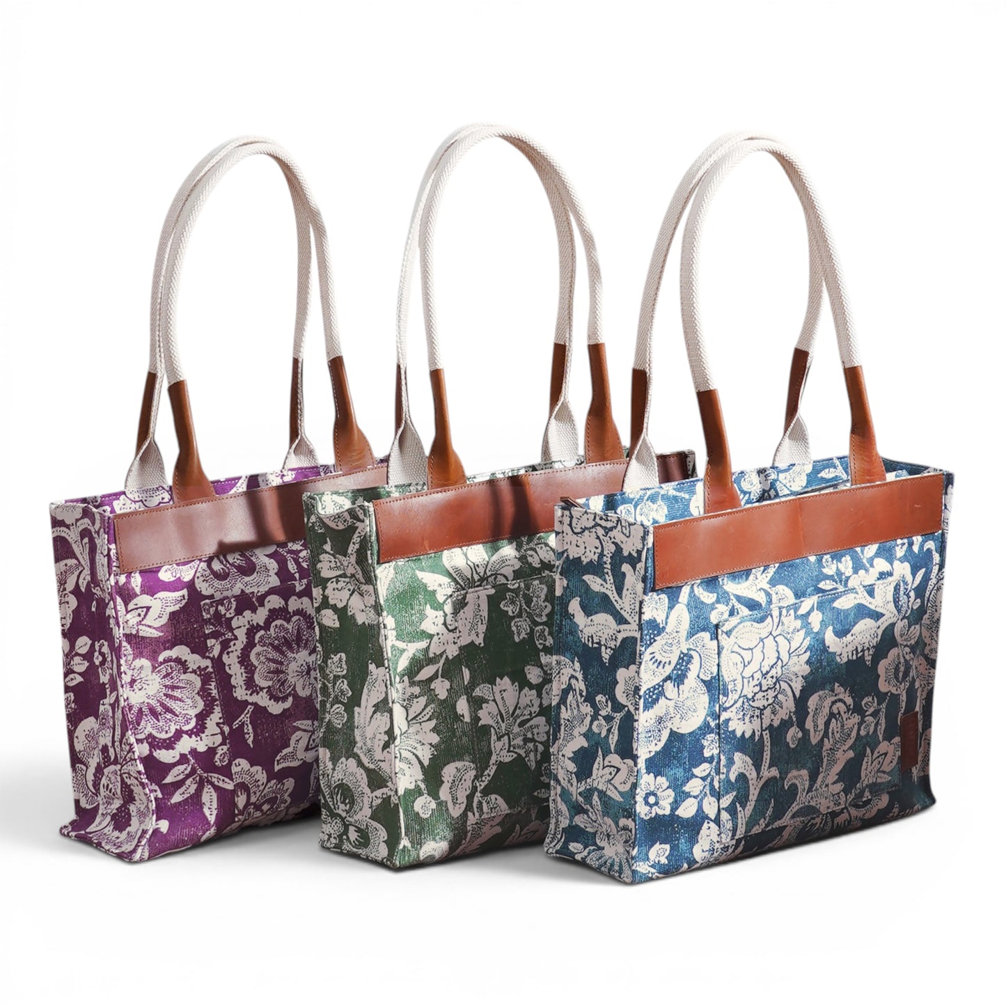 Green Dominoterie Vintage Floral Print Cotton & Leather Large Tote Bag | Shoulder Bag | 12×14×4 Inches