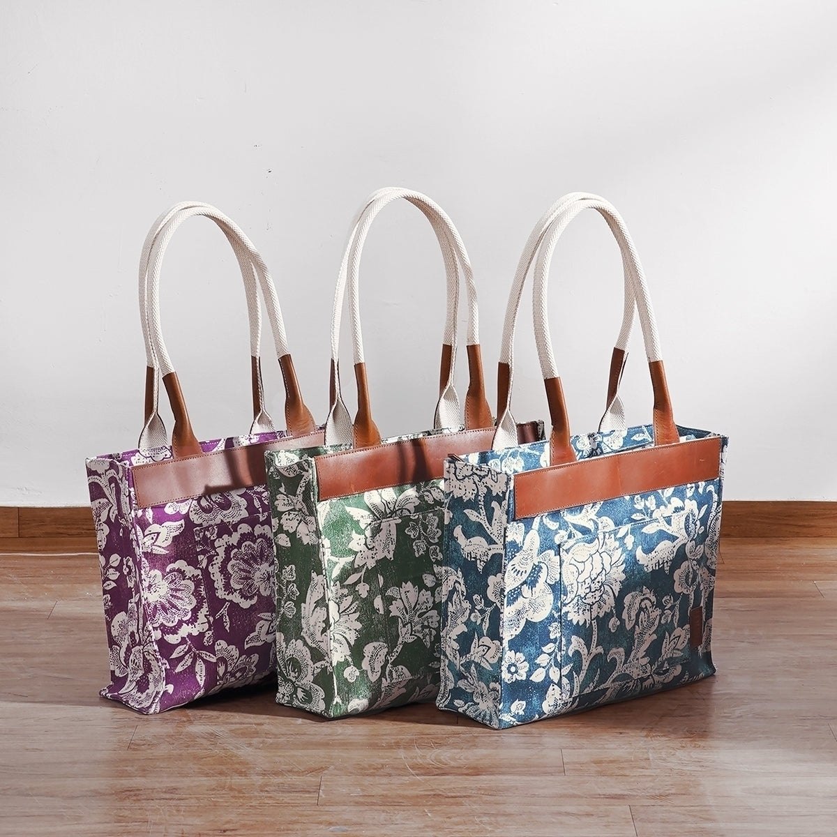 Plum Dominoterie print cotton duck and leather tote bag, large tote, shoulder bag.