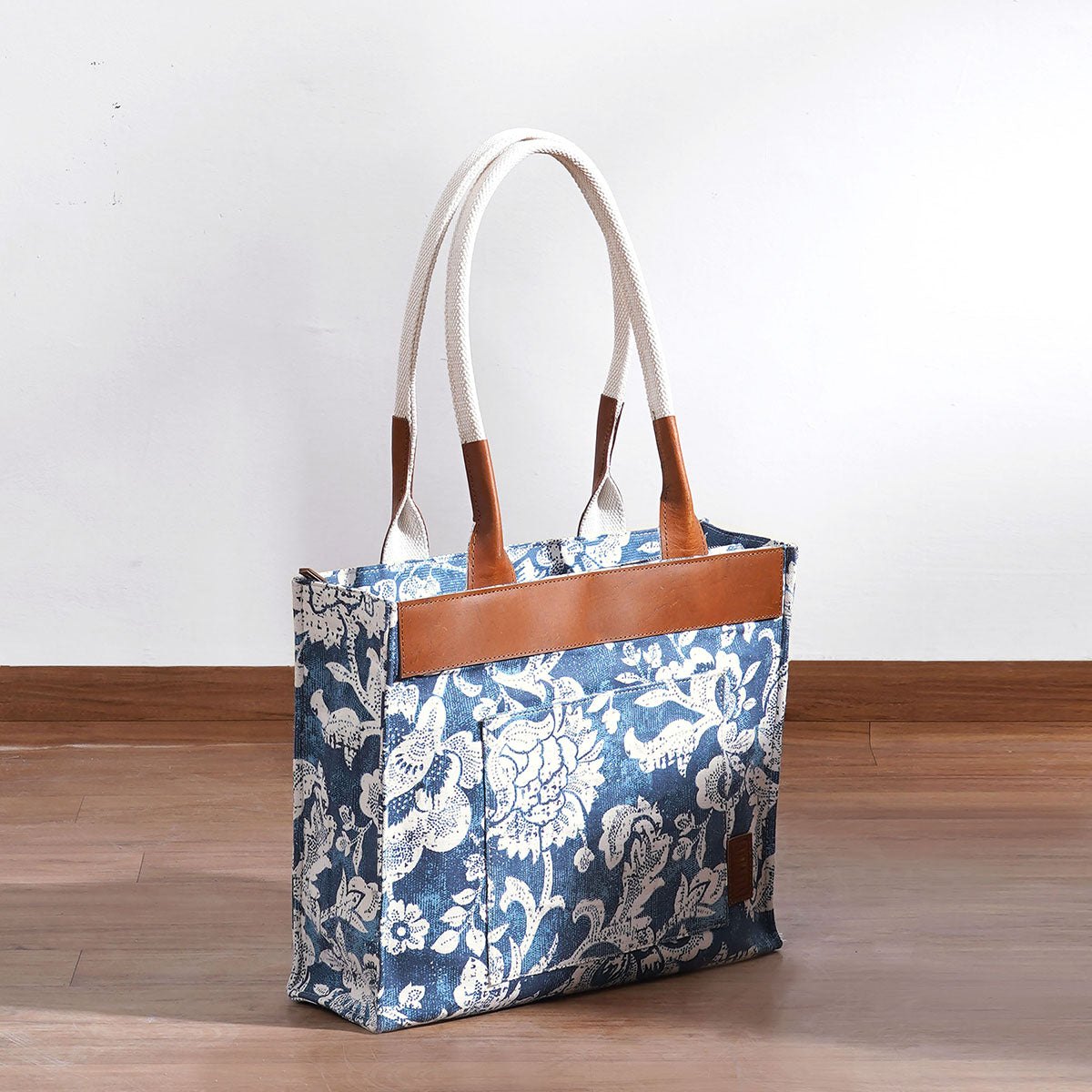 Indigo Dominoterie print cotton and leather tote bag, large tote, shoulder bag