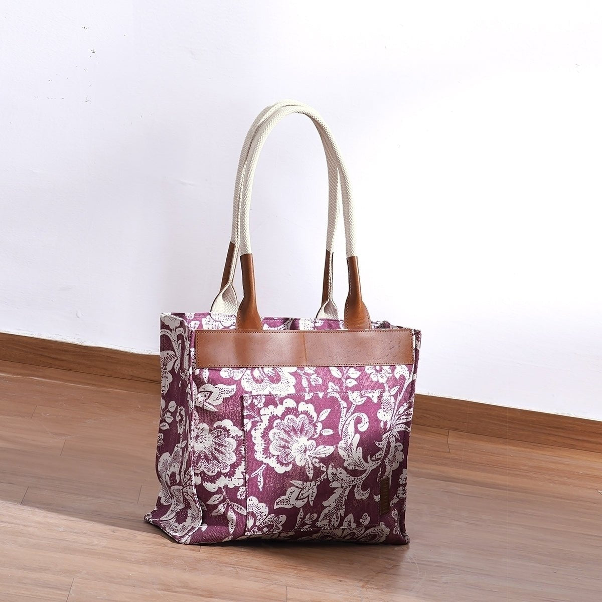 Plum Dominoterie print cotton duck and leather tote bag, large tote, shoulder bag.