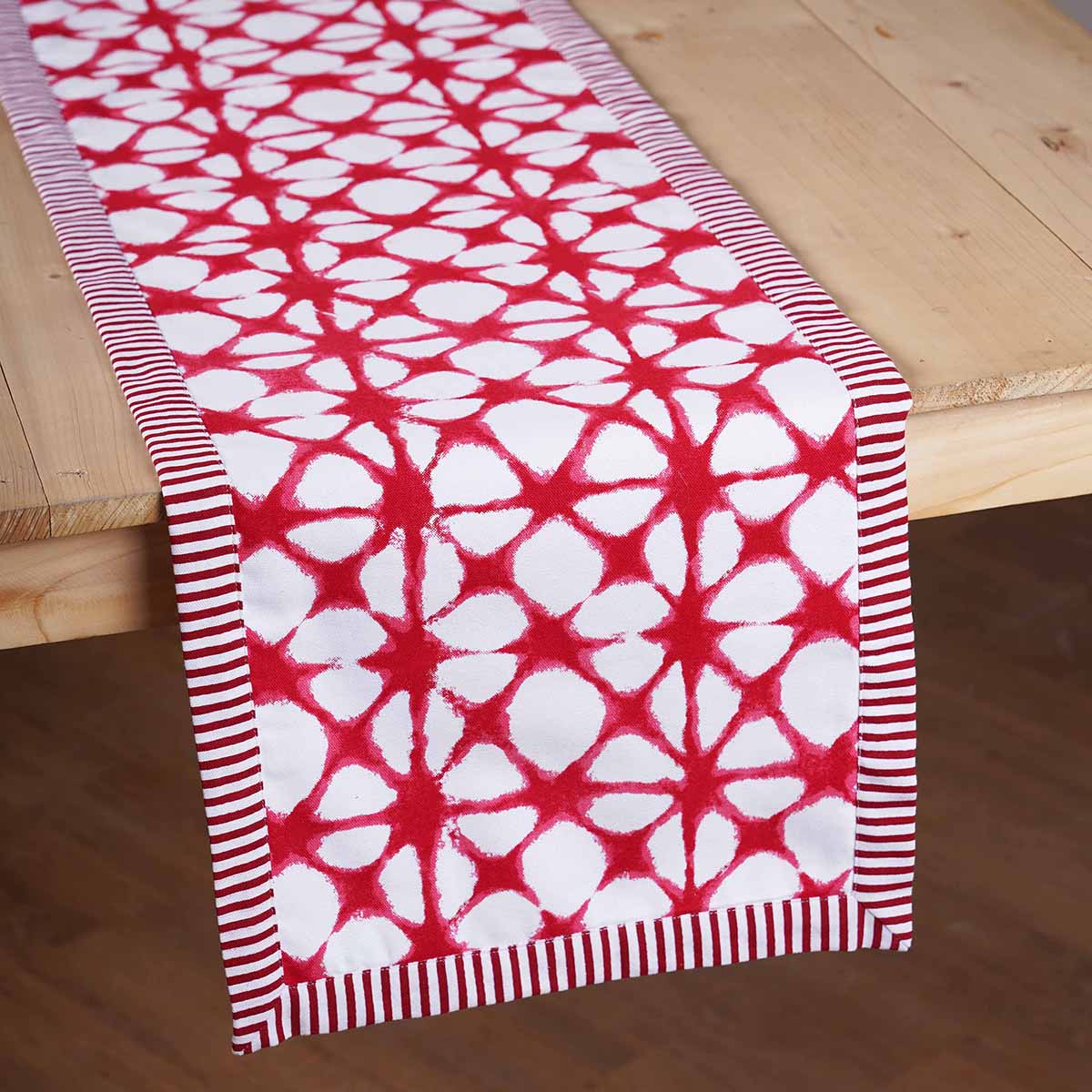 Red table runner, tie dye prism print, red stripe border, sizes available