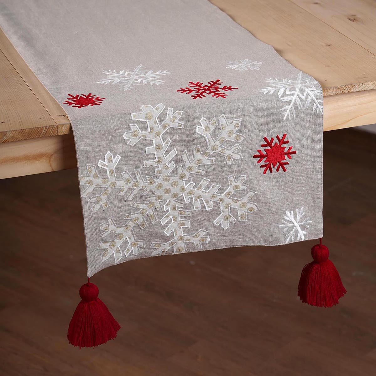 Linen Christmas table runner, snowflake pattern, embroidery and applique, sizes available