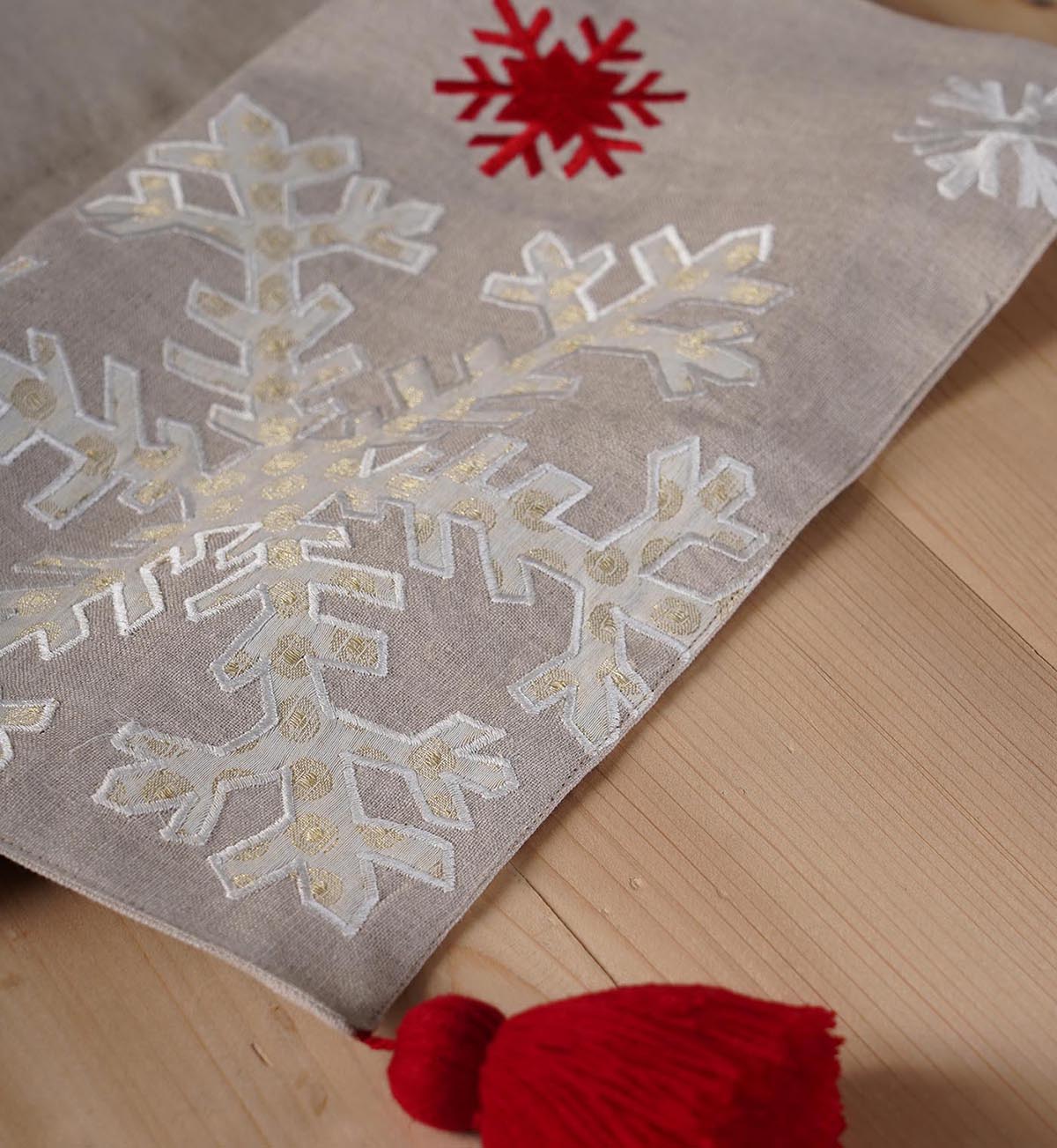Linen Christmas table runner, snowflake pattern, embroidery and applique, sizes available