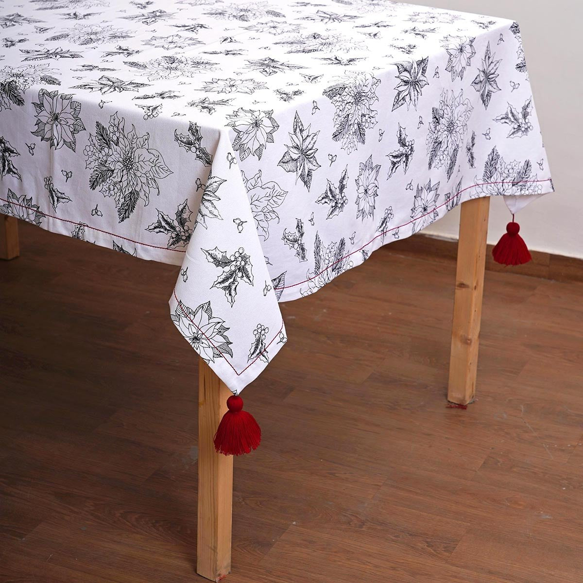 Black & white table cloth with poinsettia print, Christmas decor, cotton table cloth, size available
