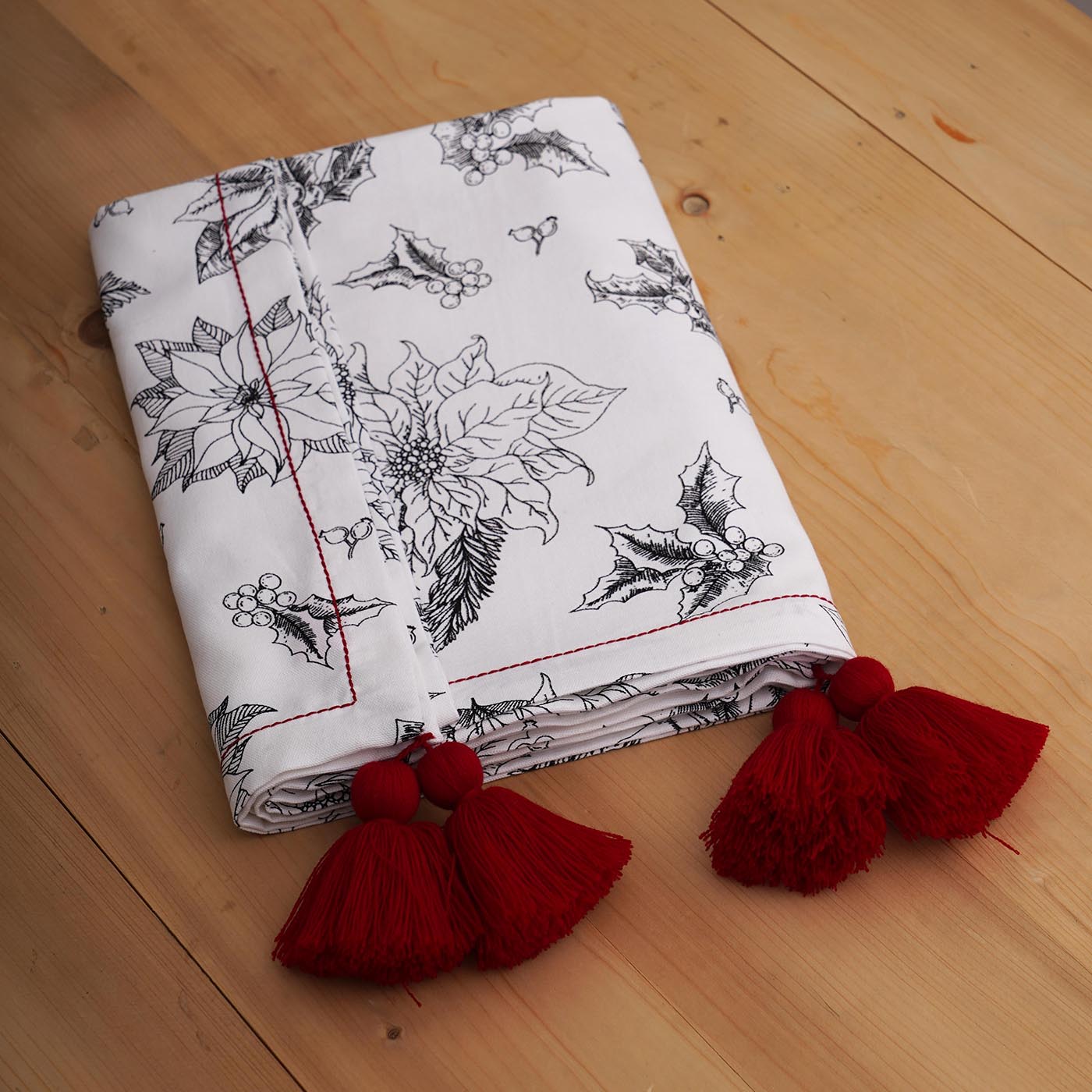 Black & white table cloth with poinsettia print, Christmas decor, cotton table cloth, size available