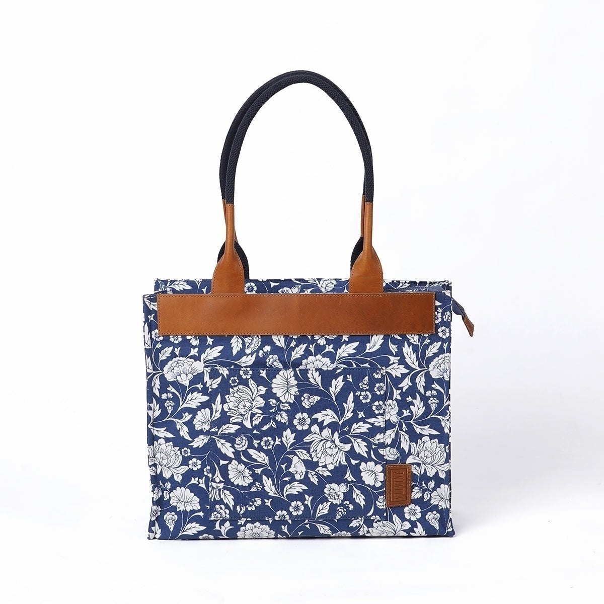 Indigo print cotton and leather tote bag, large tote, shoulder bag