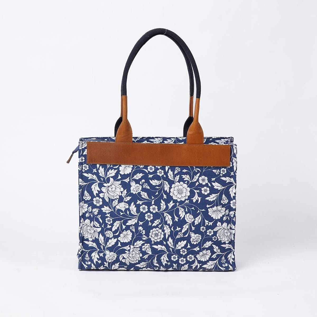 Indigo print cotton and leather tote bag, large tote, shoulder bag