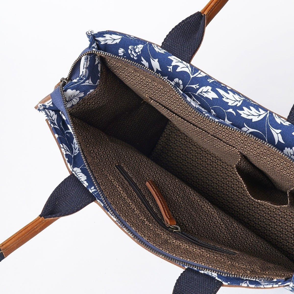 Indigo print cotton and leather tote bag, large tote, shoulder bag