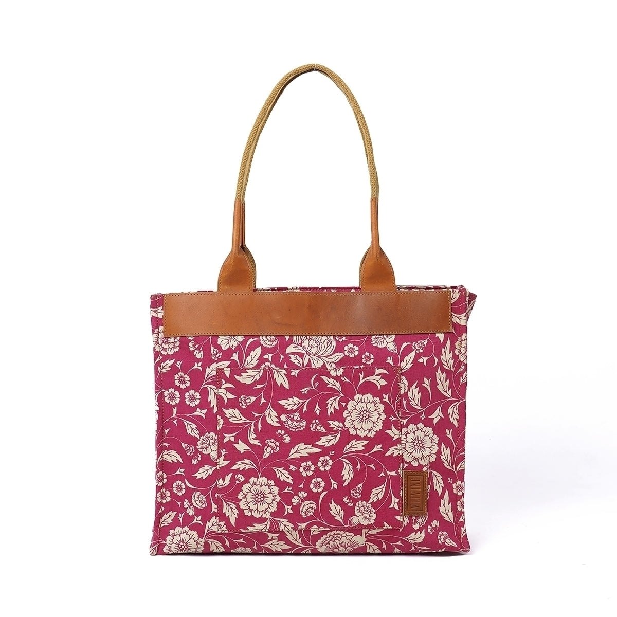 Marsala print cotton and leather tote bag, large tote, shoulder bag