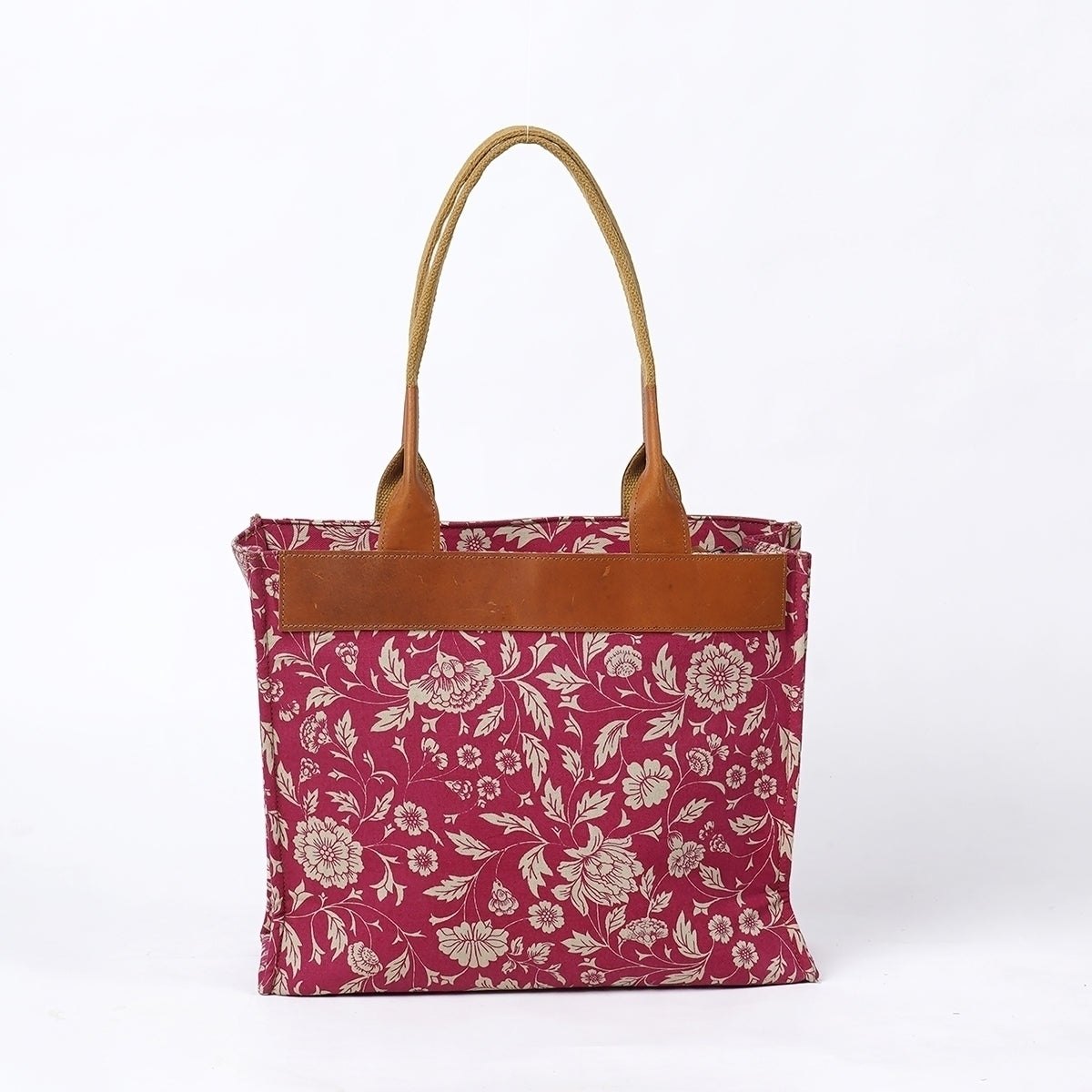 Marsala print cotton and leather tote bag, large tote, shoulder bag