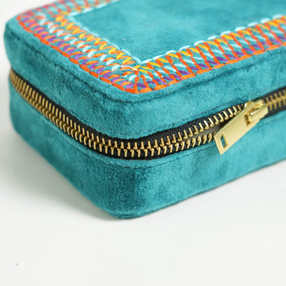 Teal Velvet Rectangular Embroidered Jewellery box