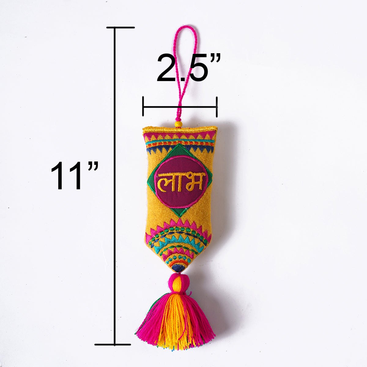 Pair of SHUBH-LABH tassels, Multicolor handmade auspicious charm, size 11" or 28 cms