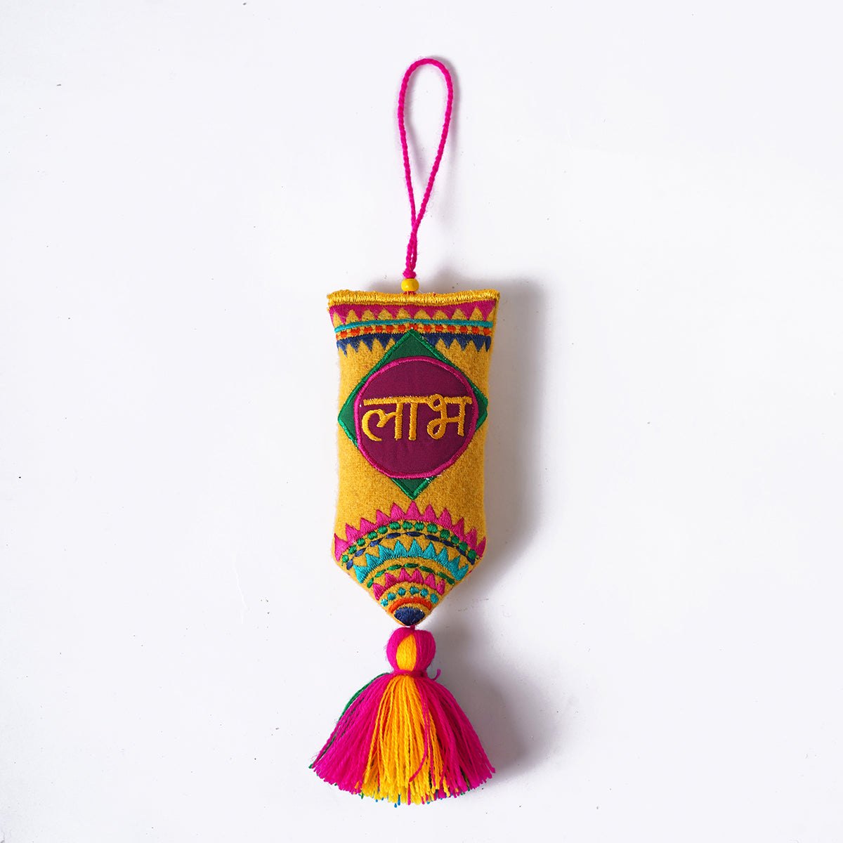 Pair of SHUBH-LABH tassels, Multicolor handmade auspicious charm, size 11" or 28 cms