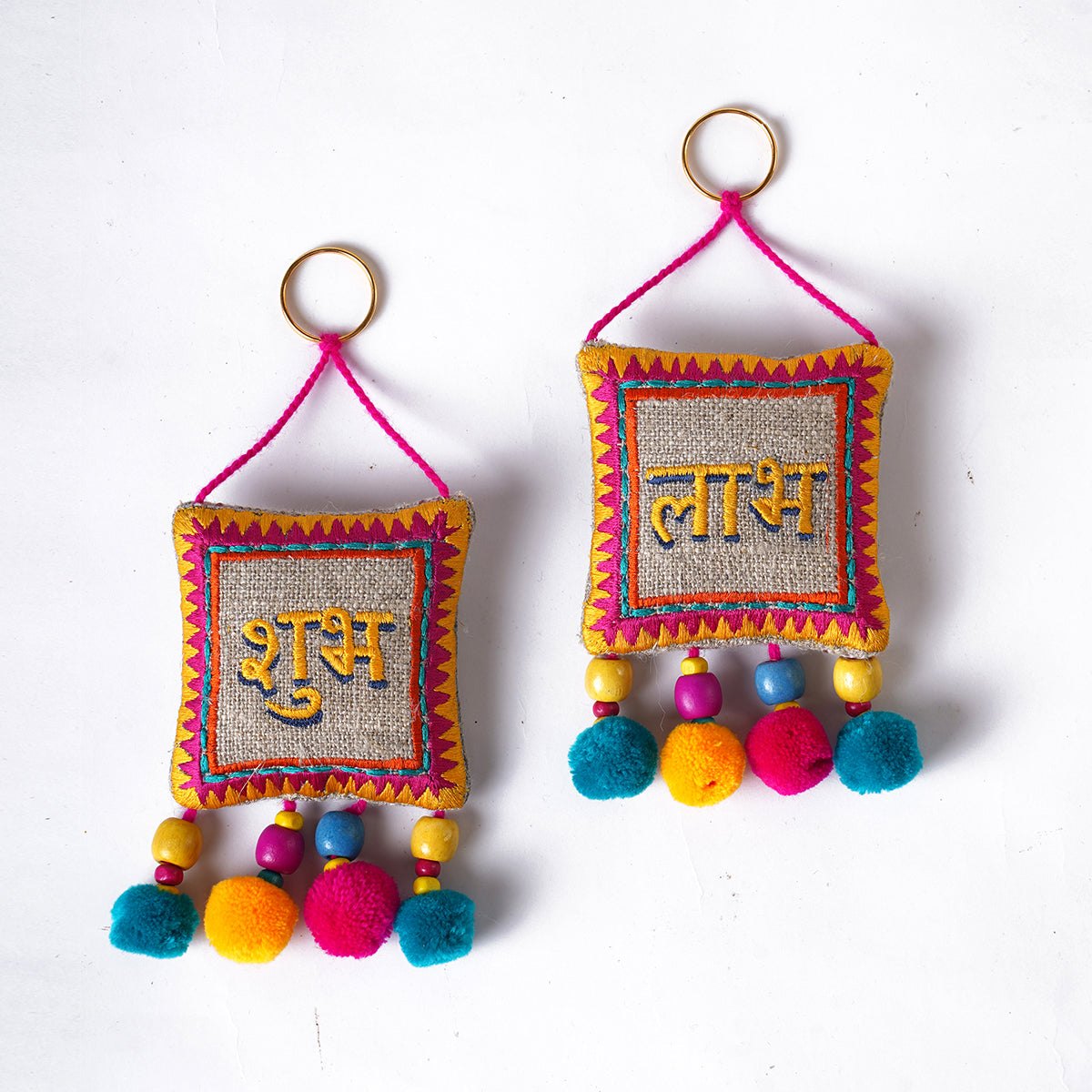 Pair of SHUBH-LABH tassels, Multicolor handmade auspicious charm, size 6" or 16 cms