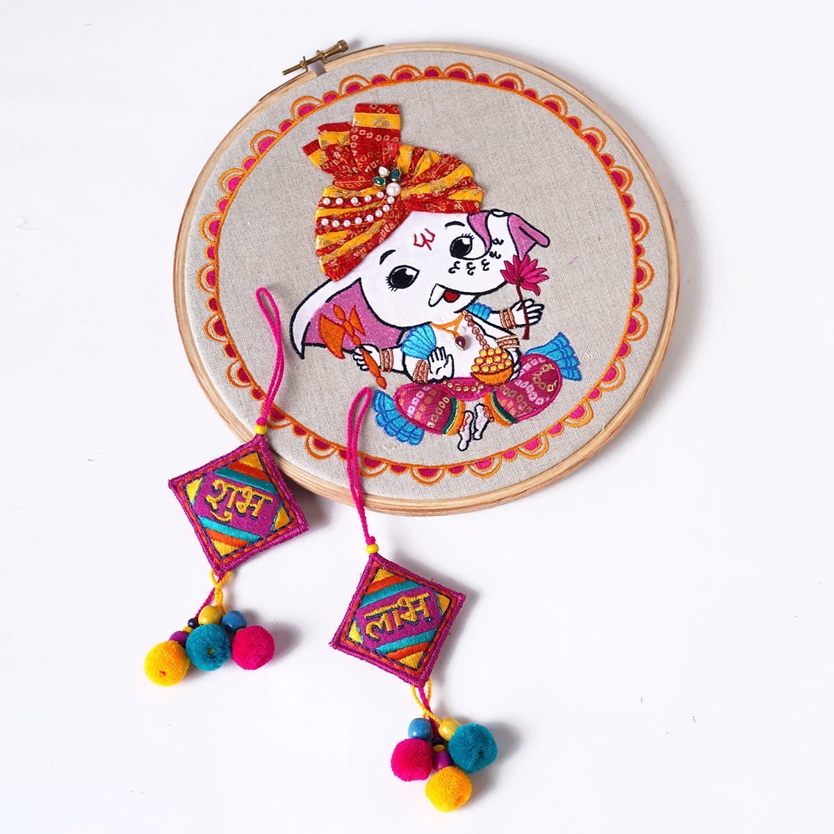 DIWALI GIFT PACK - Ganesha hoop wall art with pair of SHUBH-LABH tassels