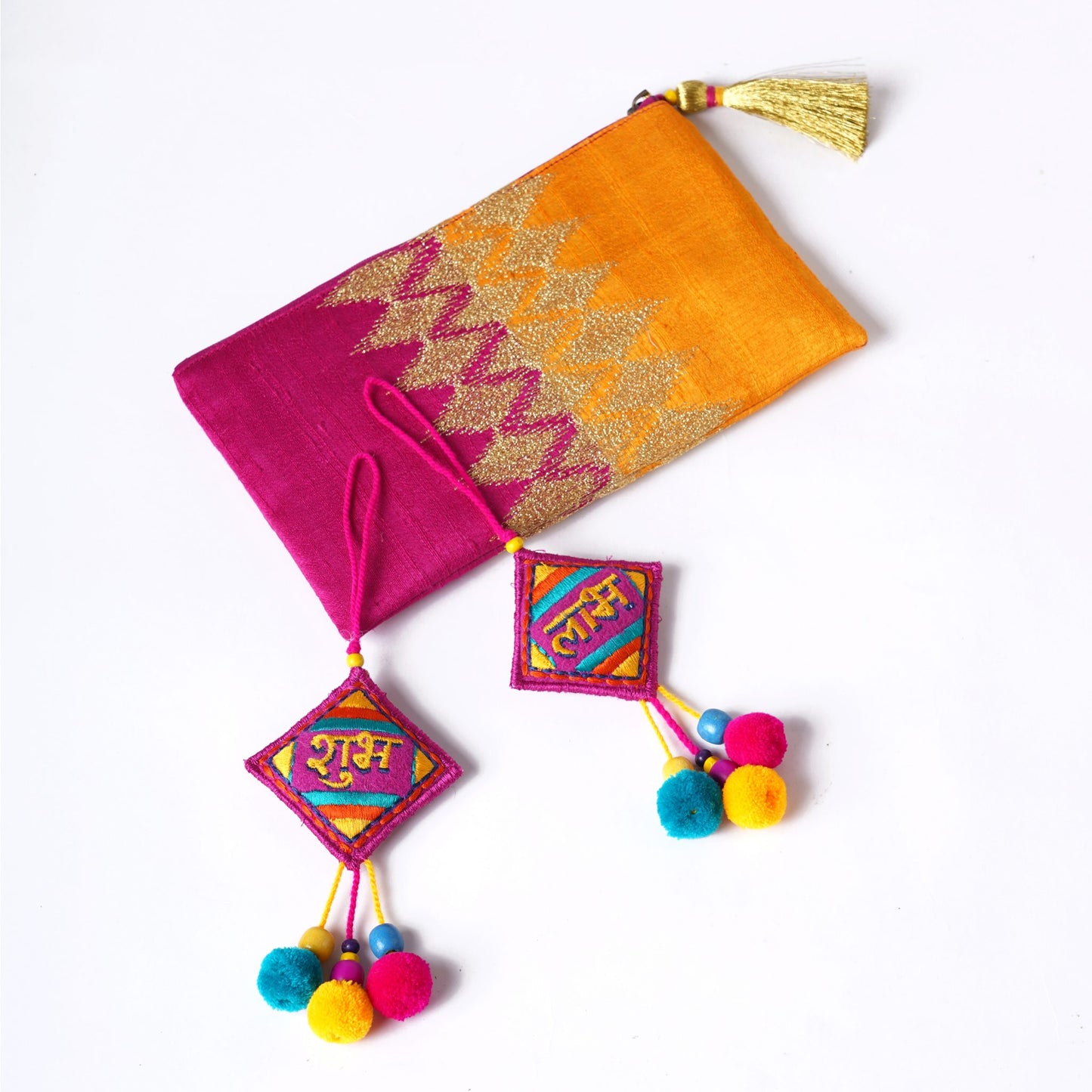 DIWALI GIFT PACK - Embroidered Silk clutch with pair of SHUBH-LABH tassels