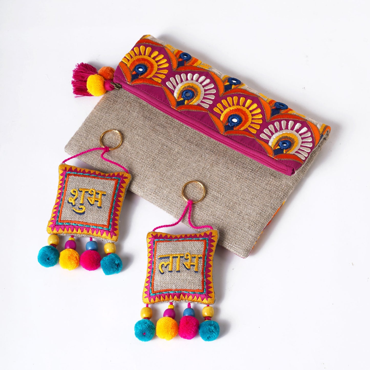 DIWALI GIFT PACK - Embroidered Linen foldover clutch with pair of SHUBH-LABH tassels