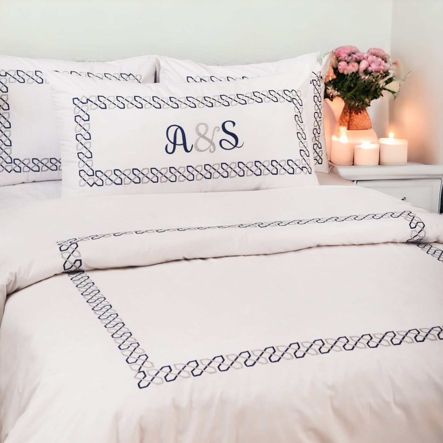 Embroidered Duvet cover set, 300TC pure white cotton, Sizes available