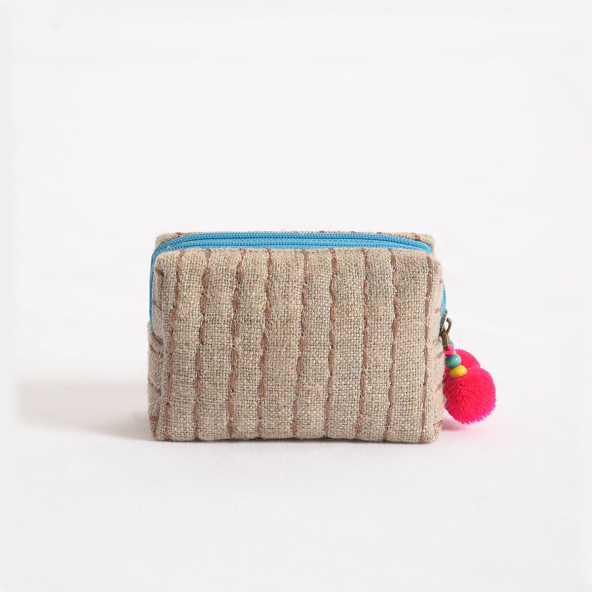 Small rustic natural linen pouch with double pocket