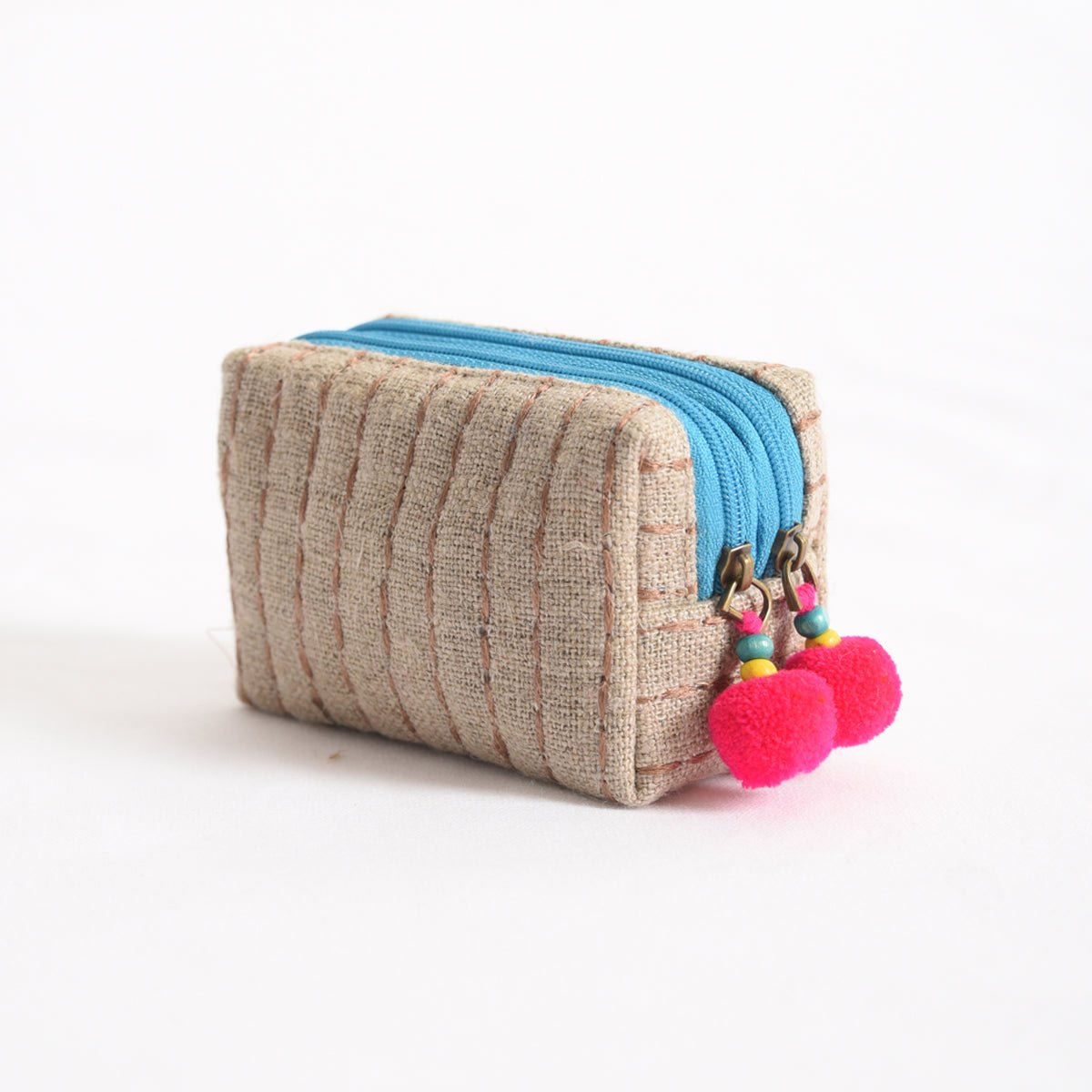 Small rustic natural linen pouch with double pocket
