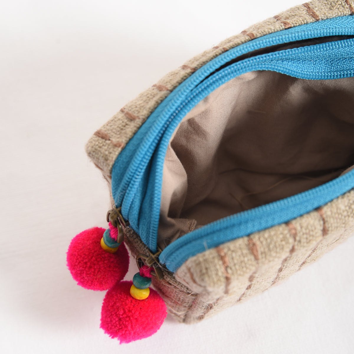 Small rustic natural linen pouch with double pocket
