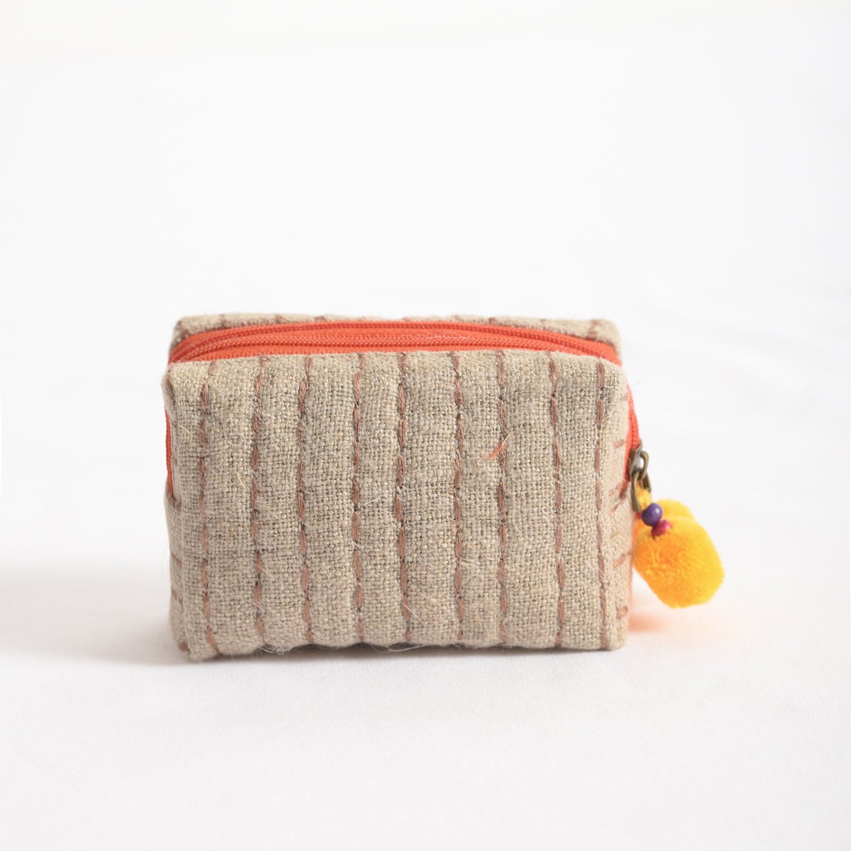 Small rustic natural linen pouch with double pocket &amp; Orange zipper with Yellow pompoms