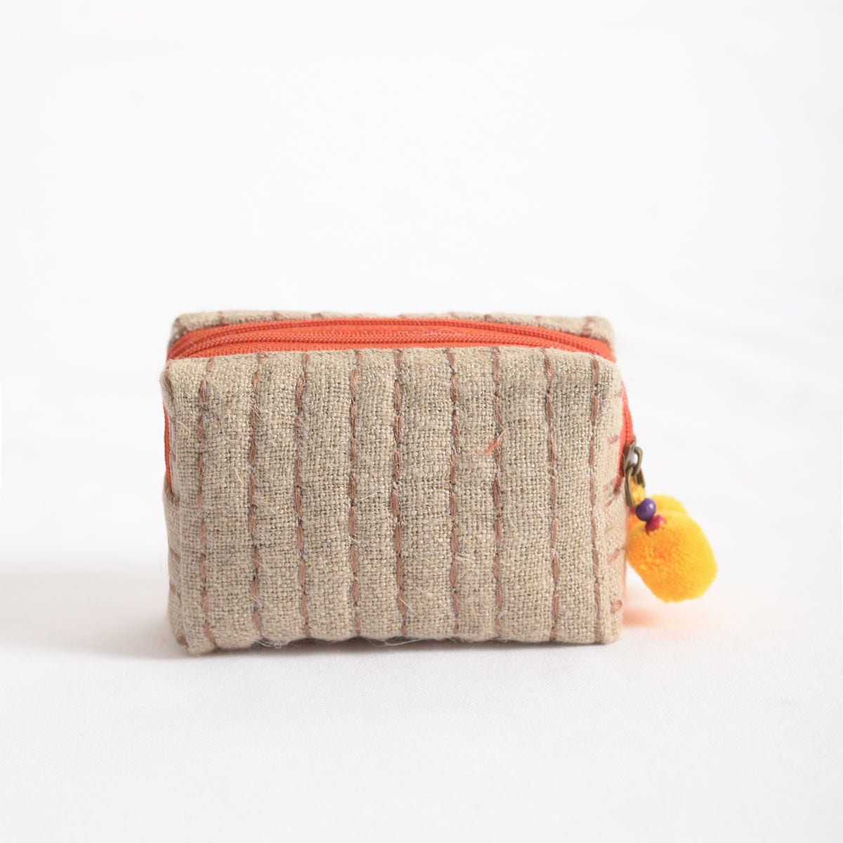 Small rustic natural linen pouch with double pocket & Orange zipper with Yellow pompoms