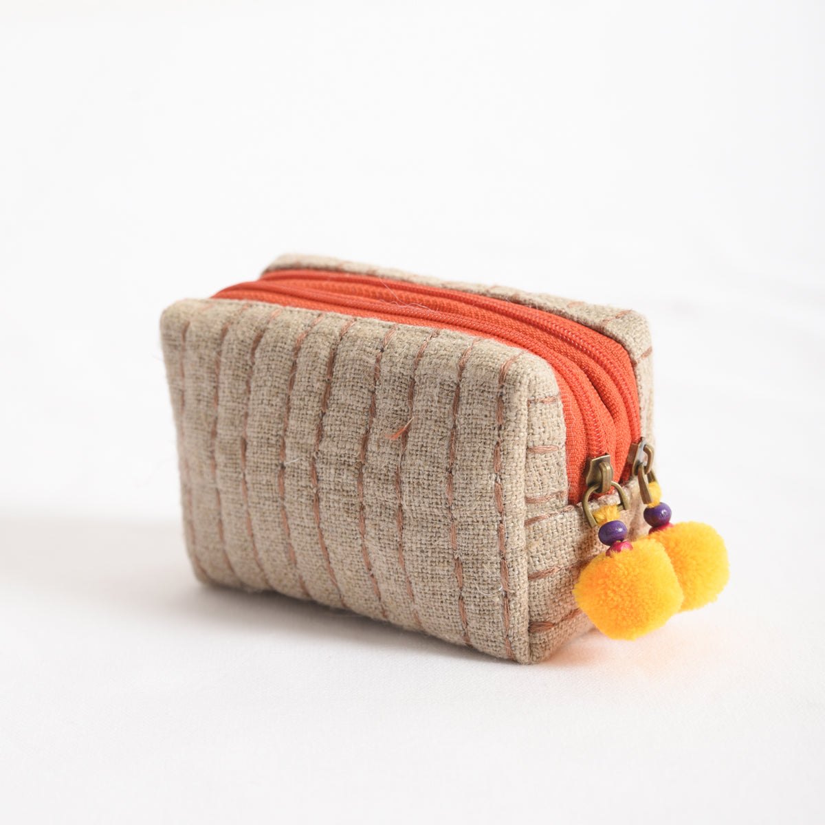 Small rustic natural linen pouch with double pocket & Orange zipper with Yellow pompoms