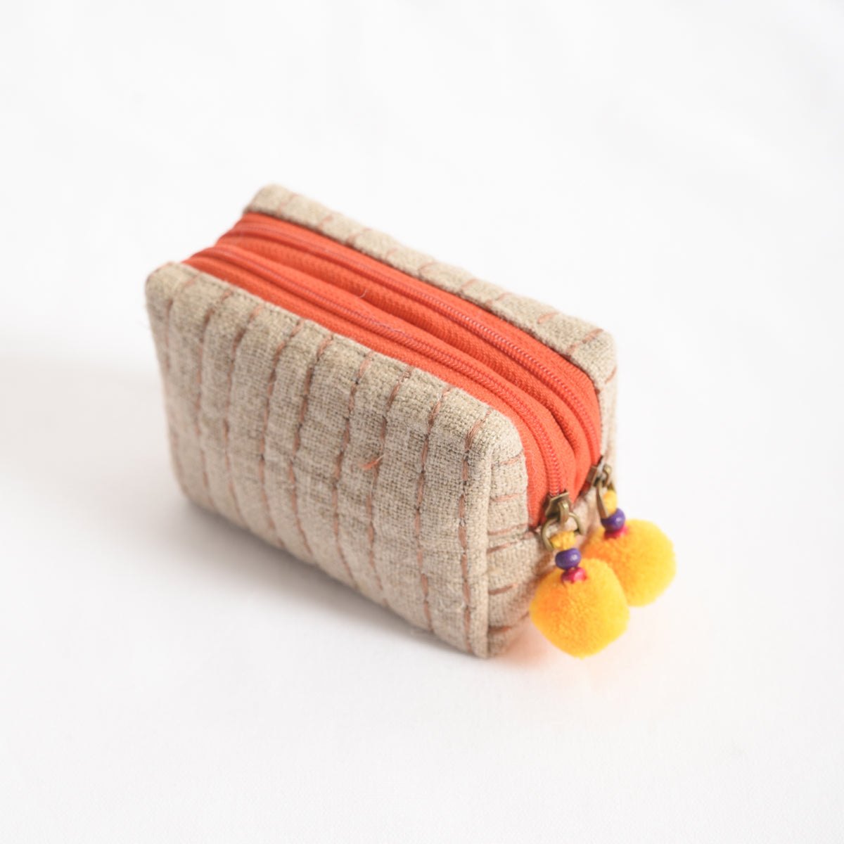 Small rustic natural linen pouch with double pocket & Orange zipper with Yellow pompoms