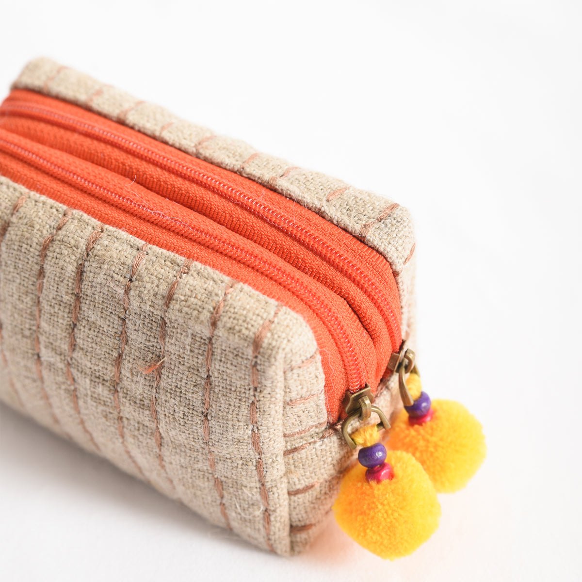 Small rustic natural linen pouch with double pocket & Orange zipper with Yellow pompoms