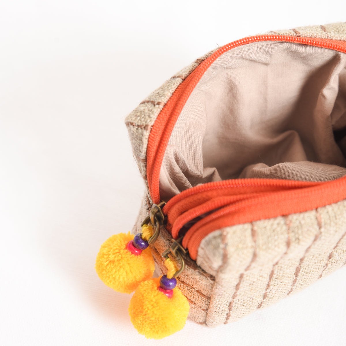 Small rustic natural linen pouch with double pocket & Orange zipper with Yellow pompoms
