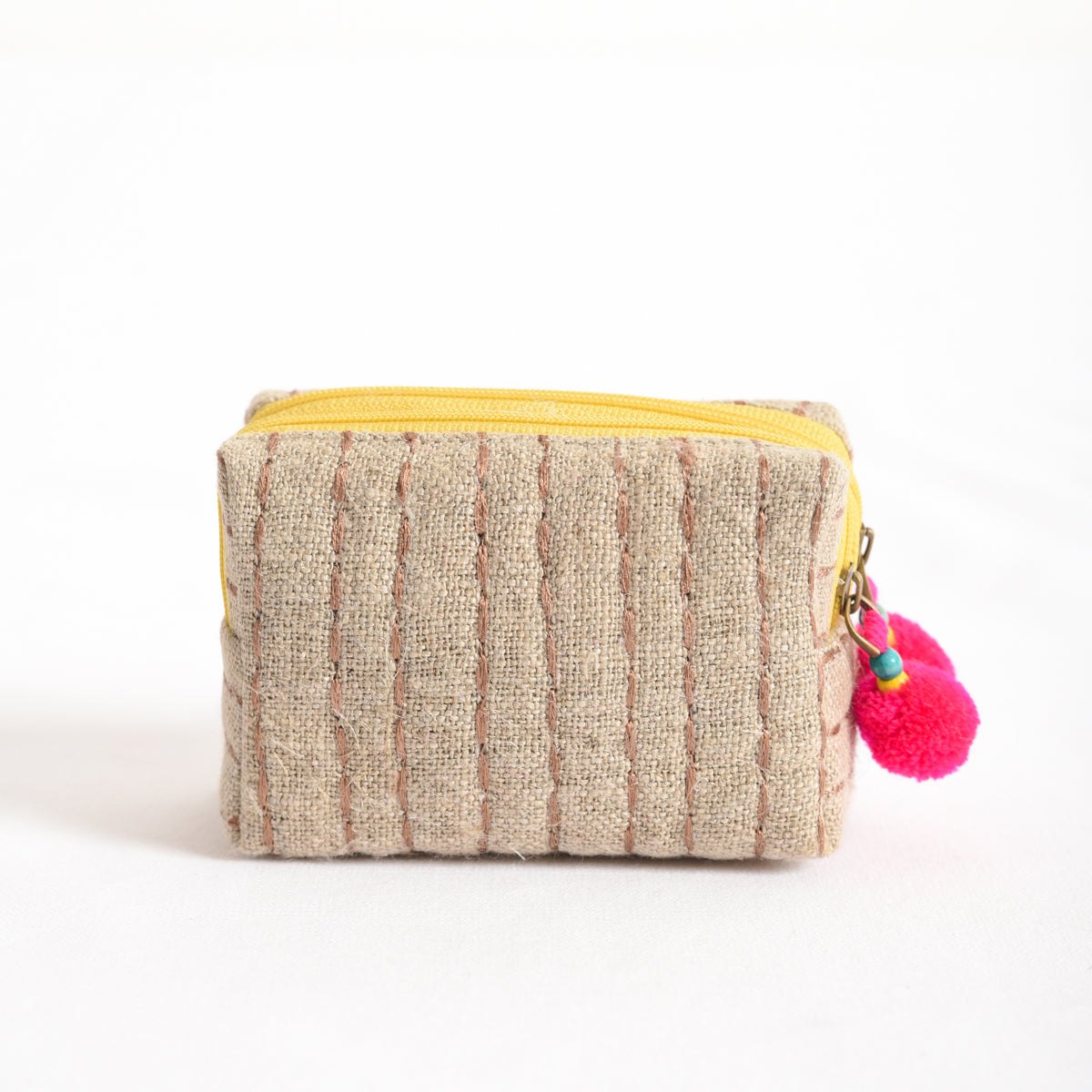 Small rustic natural linen pouch with double pocket &amp; yellow zipper with pink pompoms