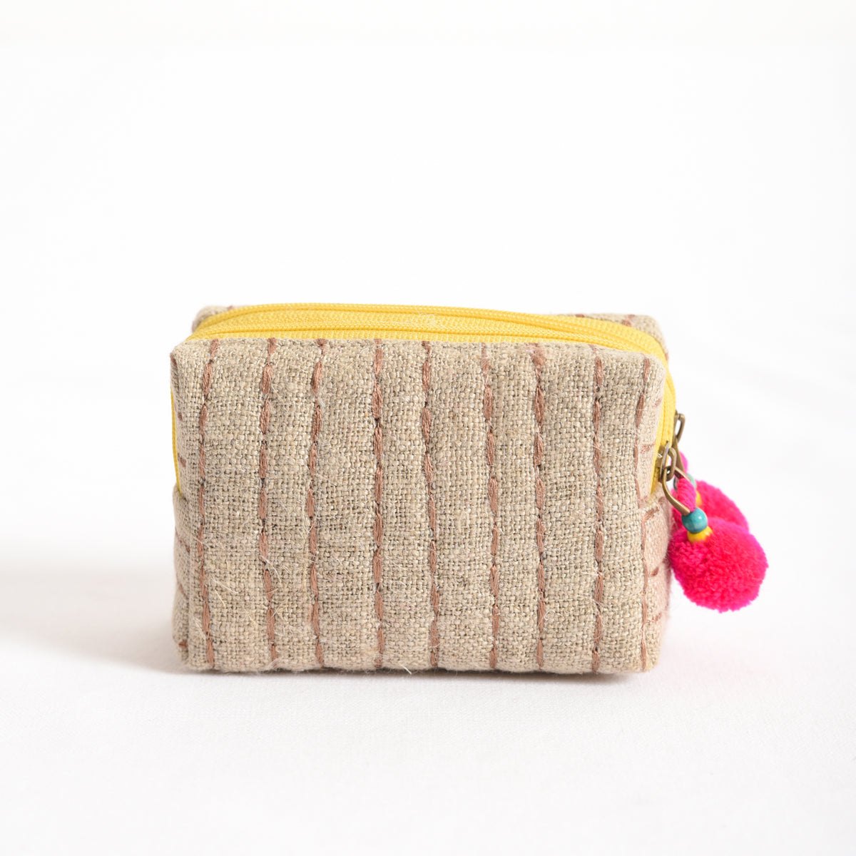 Small rustic natural linen pouch with double pocket & yellow zipper with pink pompoms