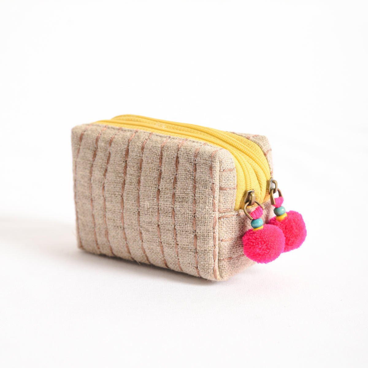 Small rustic natural linen pouch with double pocket &amp; yellow zipper with pink pompoms