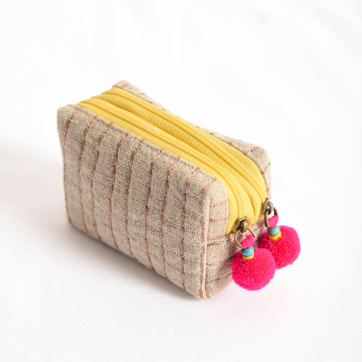 Small rustic natural linen pouch with double pocket & yellow zipper with pink pompoms