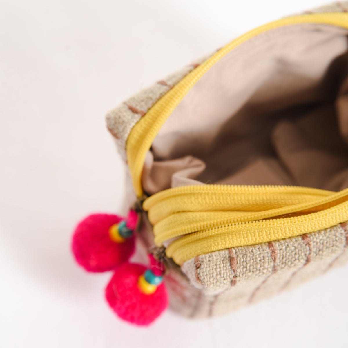 Small rustic natural linen pouch with double pocket &amp; yellow zipper with pink pompoms