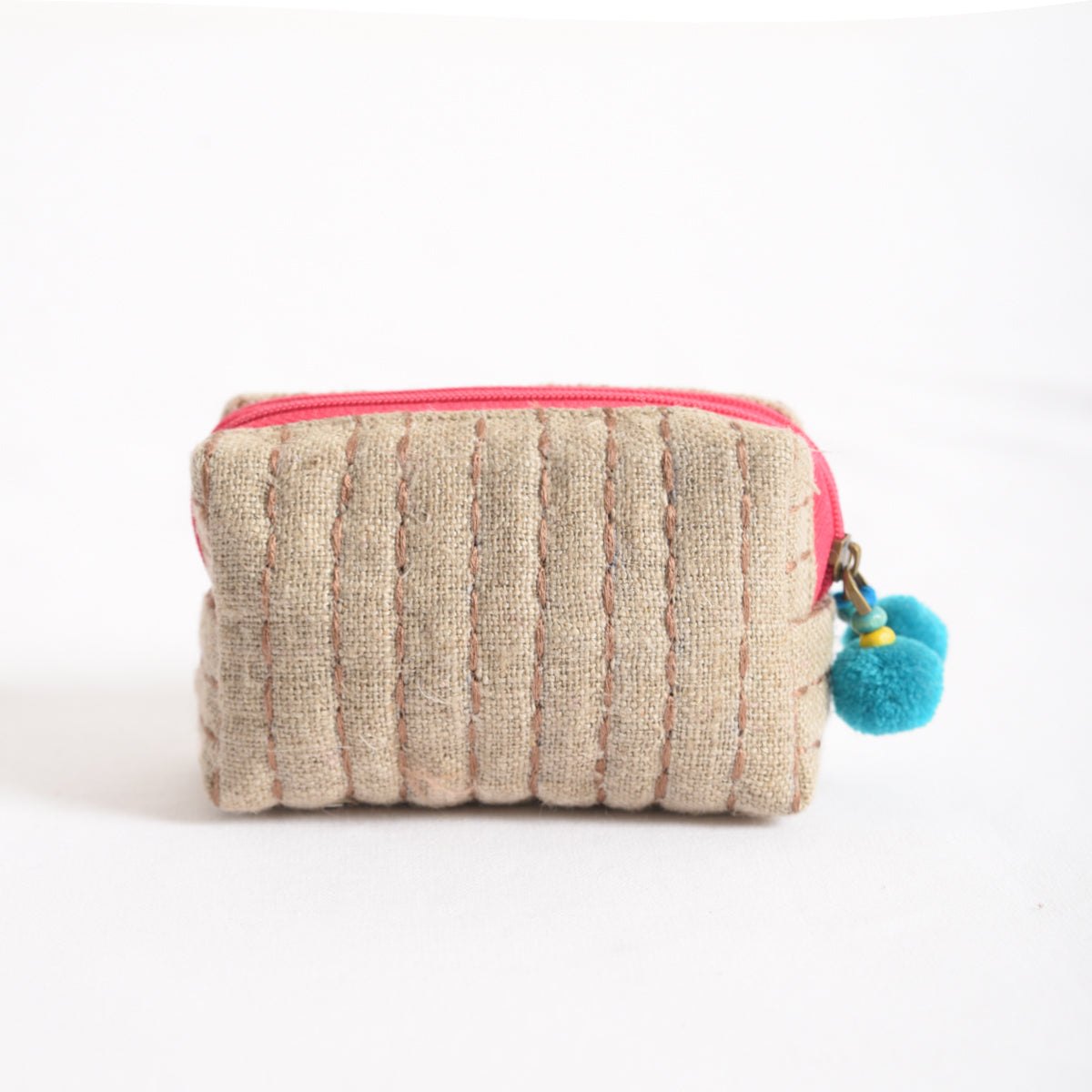 Small rustic natural linen pouch with double pocket & pink zipper with blue pompoms