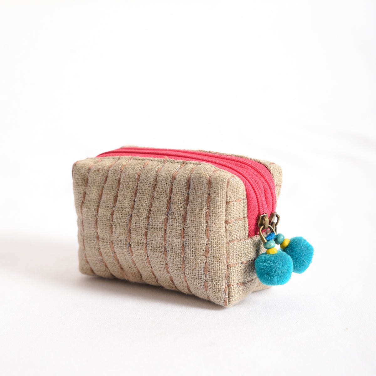 Small rustic natural linen pouch with double pocket &amp; pink zipper with blue pompoms