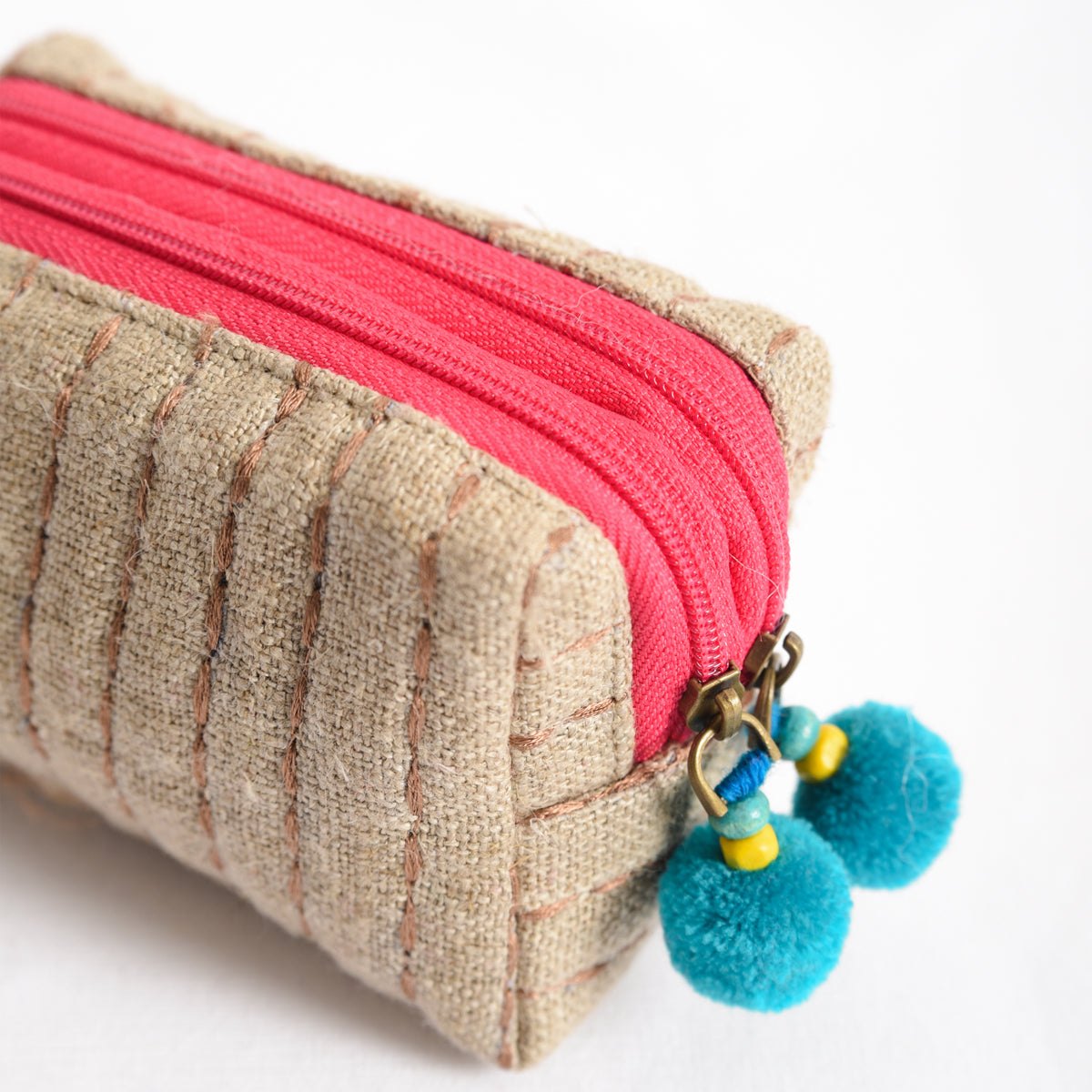 Small rustic natural linen pouch with double pocket &amp; pink zipper with blue pompoms