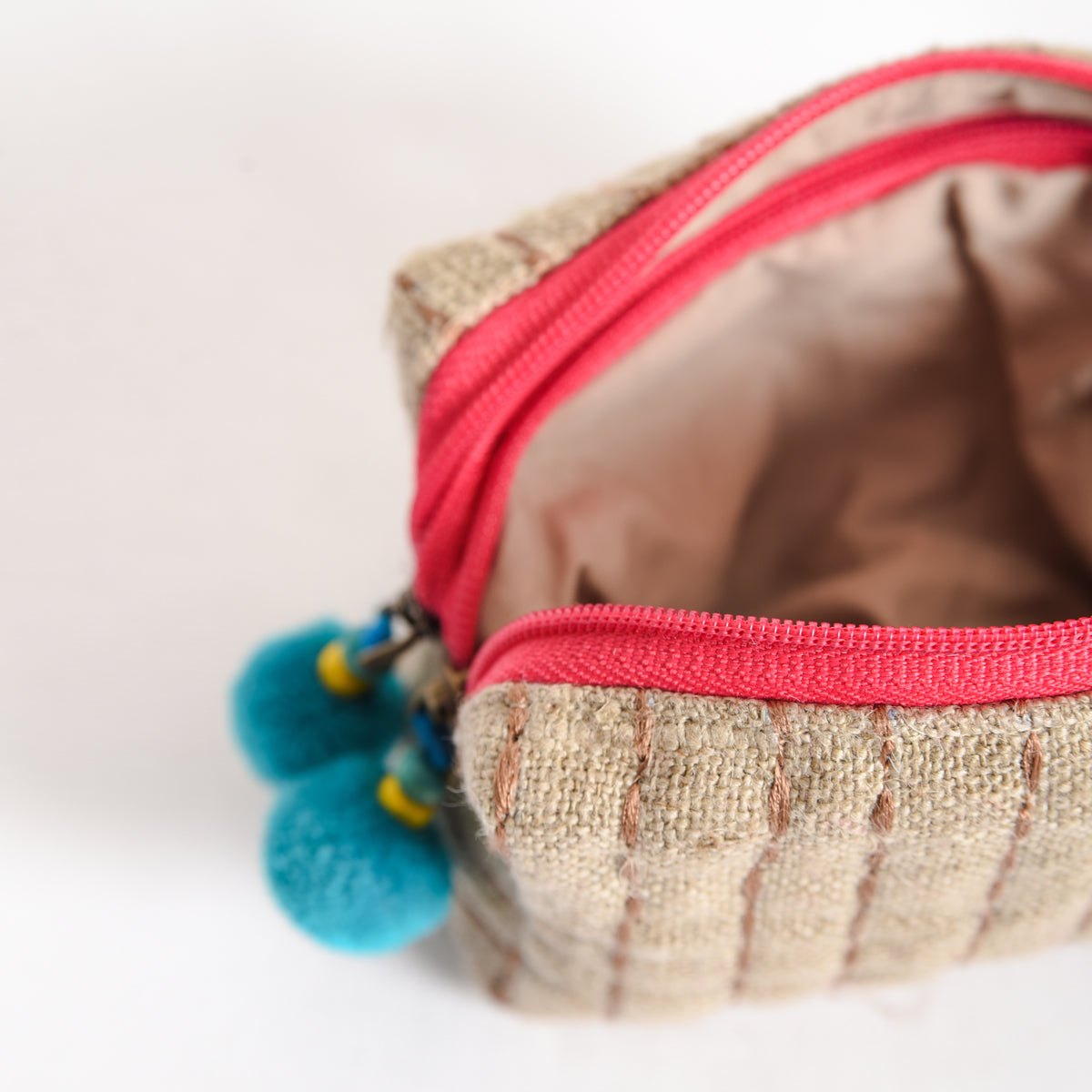Small rustic natural linen pouch with double pocket & pink zipper with blue pompoms