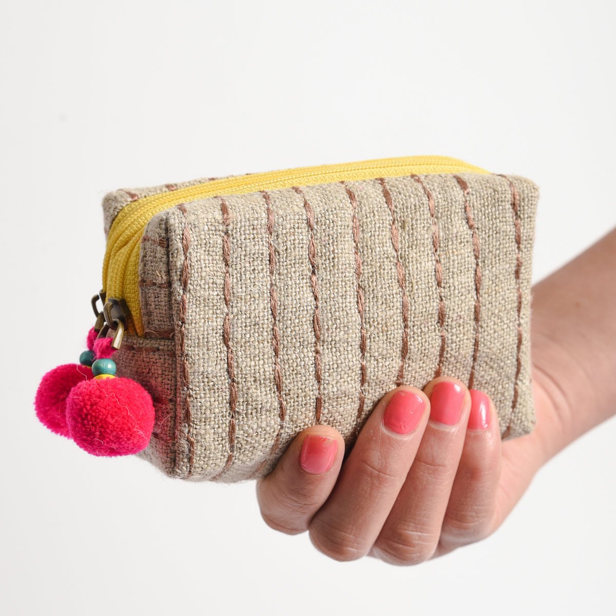 Small rustic natural linen pouch with double pocket &amp; yellow zipper with pink pompoms