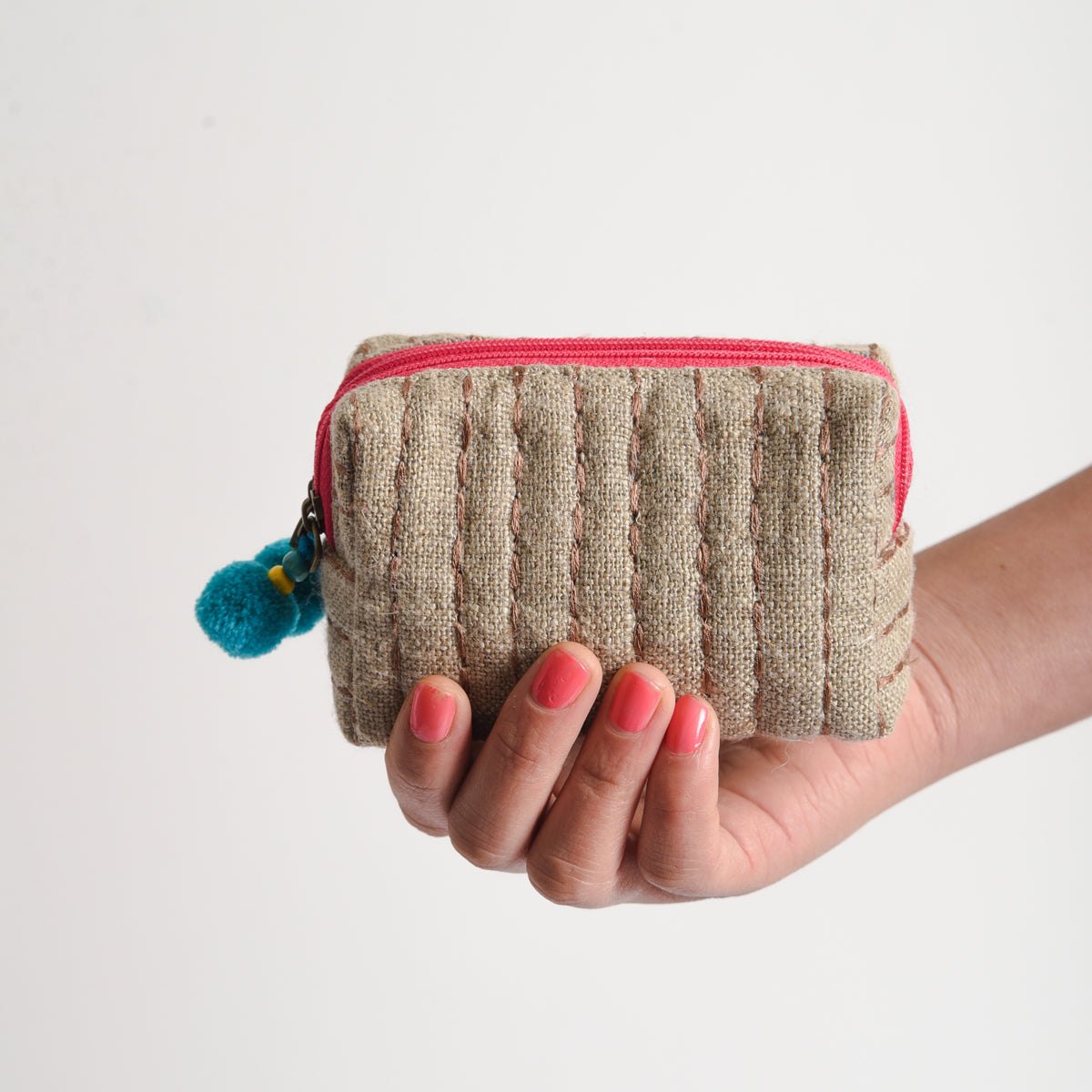 Small rustic natural linen pouch with double pocket & pink zipper with blue pompoms